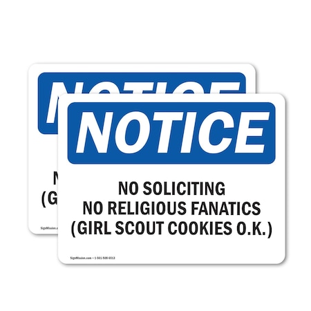 Signmission No Soliciting No Religious Fanatics Girl OSHA Notice Sign, Vinyl Decal, 5in W x 3.5in L, 2PK OS-2PACK-NS-D-35-L-14829